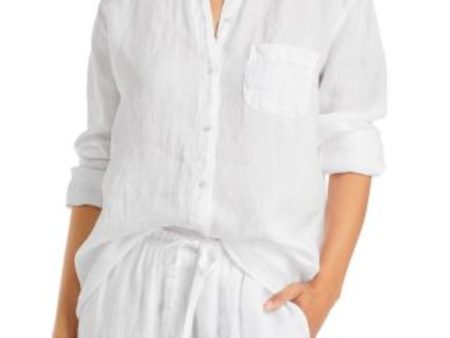 VELVET Womens White Textured Pocketed Curved Hem Cuffed Sleeve Point Collar Button Up Top Discount