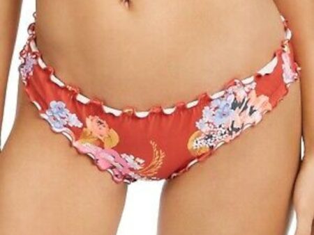 SUNDAZED Women s Orange Floral Stretch Ruffled Lined Moderate Coverage Shirred Bikini Swimsuit Bottom Supply