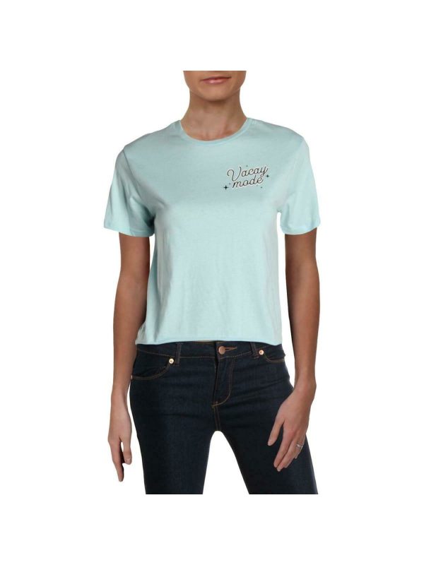 REBELLIOUS ONE Womens Light Blue Printed Short Sleeve Crew Neck T-Shirt Sale