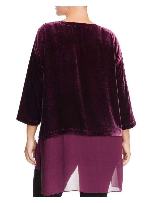 EILEEN FISHER Womens Purple 3 4 Sleeve Boat Neck Hi-Lo Top Online Hot Sale