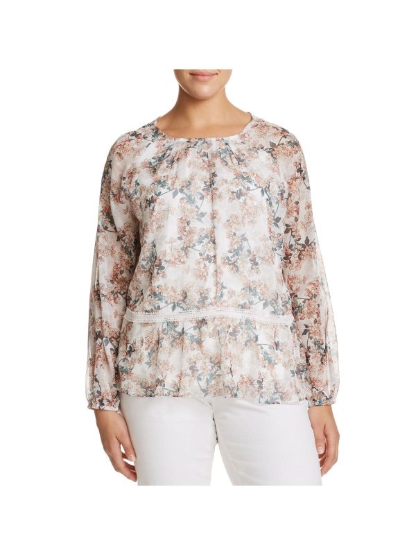 GLAMOROUS CURVE Womens Sheer Floral Blouson Sleeve Round Neck Peplum Top Online