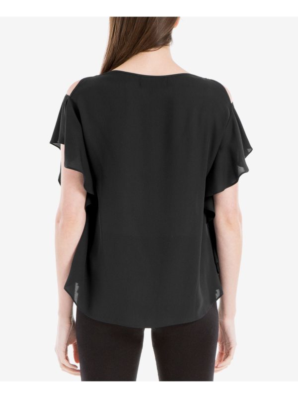 MAX JEANS Womens Black Ruffled Dolman Sleeve Keyhole Top Online now