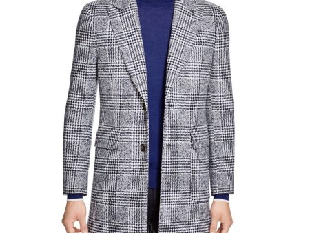 HARDY AMIES Mens Navy Single Breasted, Houndstooth Top Coat on Sale