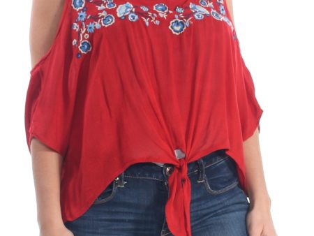 POLLY & ESTHER Womens Red Tie Cold Shoulder Floral Scoop Neck Top Online