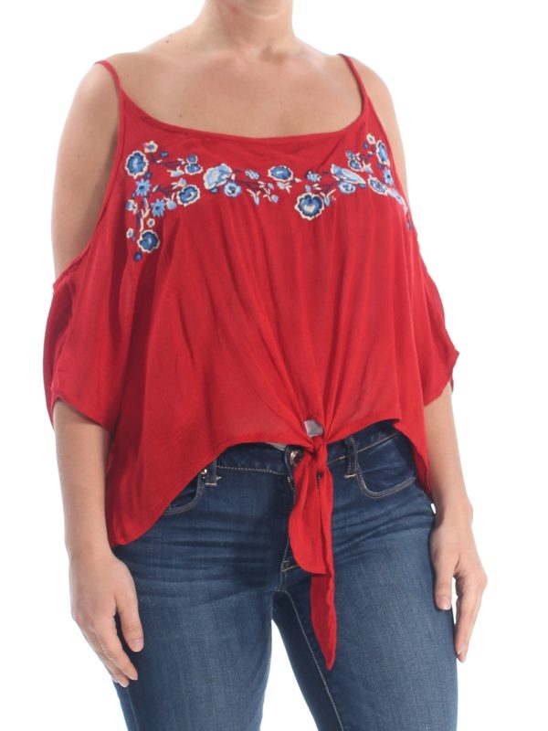 POLLY & ESTHER Womens Red Tie Cold Shoulder Floral Scoop Neck Top Online