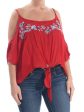 POLLY & ESTHER Womens Red Tie Cold Shoulder Floral Scoop Neck Top Online