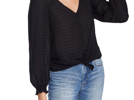 1. STATE Womens Black Ruffled Smocked Tie Hem Long Sleeve V Neck Button Up Top Supply