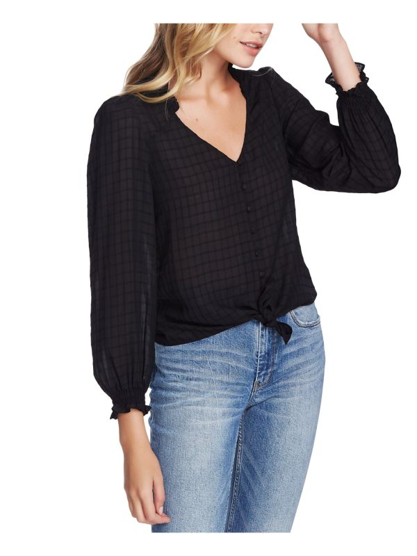 1. STATE Womens Black Ruffled Smocked Tie Hem Long Sleeve V Neck Button Up Top Supply