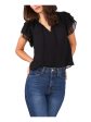 1. STATE Womens Black Sheer Tie Ruffled Lined Flutter Sleeve V Neck Blouse For Cheap