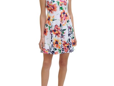 VINCE CAMUTO Womens White Zippered Fitted Lined Floral Sleeveless V Neck Mini Party Fit + Flare Dress Discount