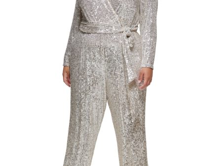 ELIZA J Womens Beige Sequined Belted Long Sleeve Surplice Neckline Party Wide Leg Jumpsuit For Sale