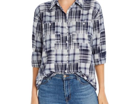 JOIE Womens Navy Plaid Long Sleeve Collared Wear To Work Button Up Top For Cheap