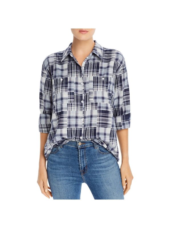 JOIE Womens Navy Plaid Long Sleeve Collared Wear To Work Button Up Top For Cheap