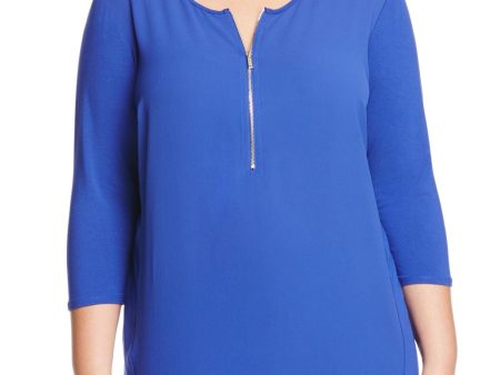 VINCE CAMUTO Womens Blue Textured Half-zip Vented Step Hem 3 4 Sleeve Collarless Wear To Work Top Discount