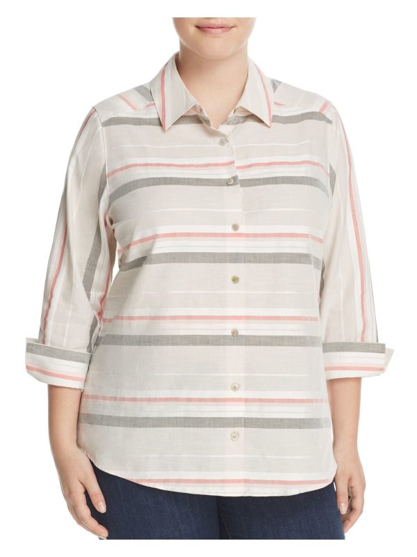 FOXCROFT Womens Striped 3 4 Sleeve Button Up Top Hot on Sale