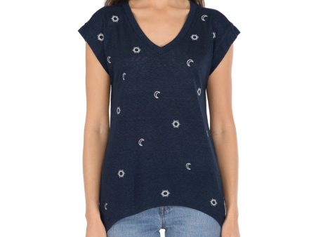 B COLLECTION Womens Navy Embroidered Printed Cap Sleeve V Neck T-Shirt Online Hot Sale