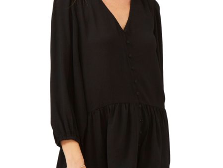 VINCE CAMUTO Womens Black Textured Button Front Ruffled Drop Hem Balloon Sleeve V Neck Tunic Top Fashion