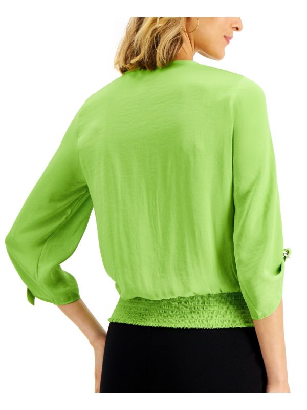 JM COLLECTION Womens Green Smocked Darted Hardware Detail Sheer Unlined Roll-tab Sleeve Surplice Neckline Wear To Work Top Online