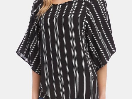 KAREN KANE Womens Black Striped Kimono Sleeve Jewel Neck Top Sale