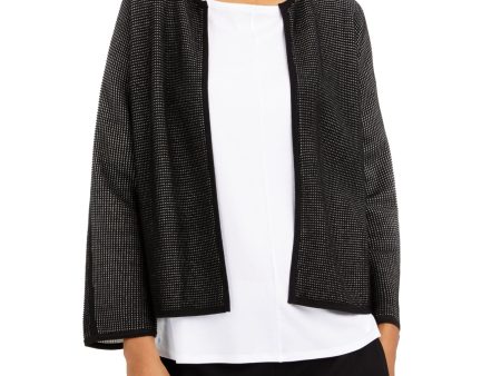 EILEEN FISHER Womens Black Textured Rib-knit Trim 3 4 Sleeve Open Front Cardigan Online Sale