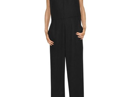 B NEW YORK Womens Black Zippered Pocketed Flowy Sleeveless Crew Neck Wide Leg Jumpsuit Online Hot Sale