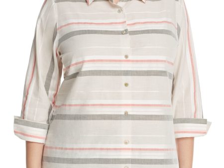 FOXCROFT Womens Striped 3 4 Sleeve Button Up Top Hot on Sale