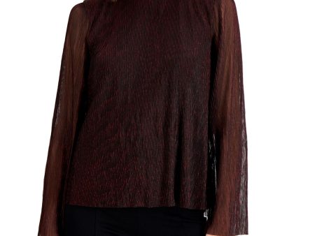 ALFANI Womens Red Metallic Pleated Sheer Textured Lined Pouf Sleeve Round Neck Wear To Work Top Online Sale