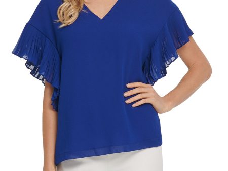 DKNY Womens Blue Sheer Pleated Lined Flutter Sleeve V Neck Top Online