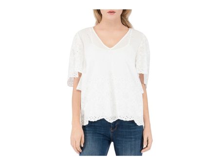 B COLLECTION Womens White Eyelet Scalloped Partially Lined Flutter Sleeve V Neck Top Fashion