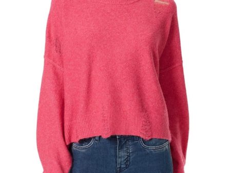 FRAYED JEANS Womens Pink Ribbed Distressed Heather Long Sleeve Round Neck Sweater Discount