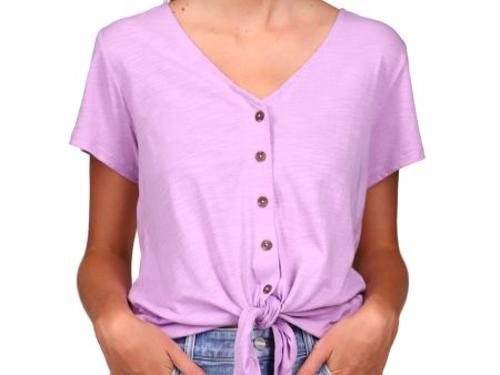 SANCTUARY Womens Purple Short Sleeve V Neck Button Up Top For Discount