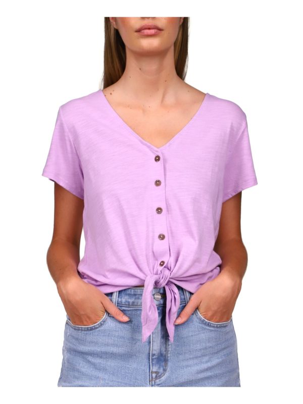 SANCTUARY Womens Purple Short Sleeve V Neck Button Up Top For Discount