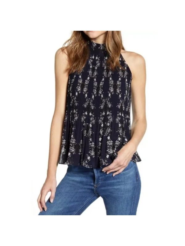 1. STATE Womens Navy Pleated Tie Flutter Hem Lined Sheer Floral Sleeveless Halter Tank Top Online Hot Sale