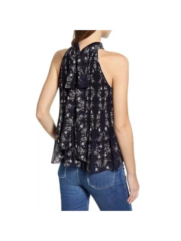 1. STATE Womens Navy Pleated Tie Flutter Hem Lined Sheer Floral Sleeveless Halter Tank Top Online Hot Sale