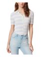 FRAYED Womens White Ribbed Fitted Corset Button Front Striped Short Sleeve Point Collar Top Fashion