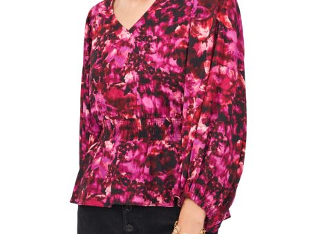 VINCE CAMUTO Womens Burgundy Smocked Ruffled Sheer Printed Balloon Sleeve V Neck Wear To Work Peplum Top Sale