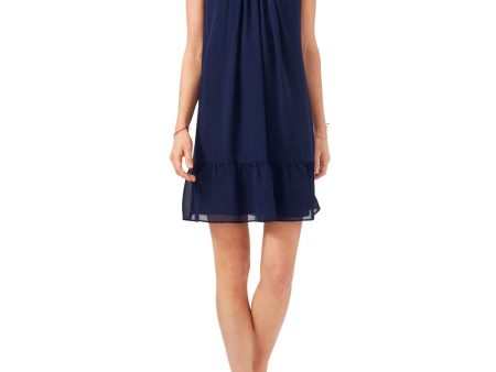 1. STATE Womens Navy Ruffled Lined Spaghetti Strap V Neck Above The Knee Cocktail Shift Dress Online Hot Sale