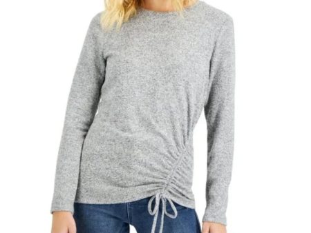 INC Womens Gray Metallic Side Ruched With Tie Long Sleeve Crew Neck Top Online now