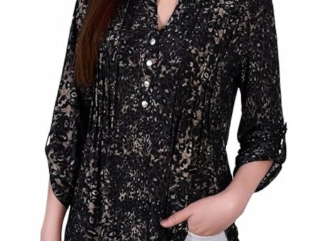 NY COLLECTION Womens Black Animal Print Roll-tab Sleeve Split Top on Sale