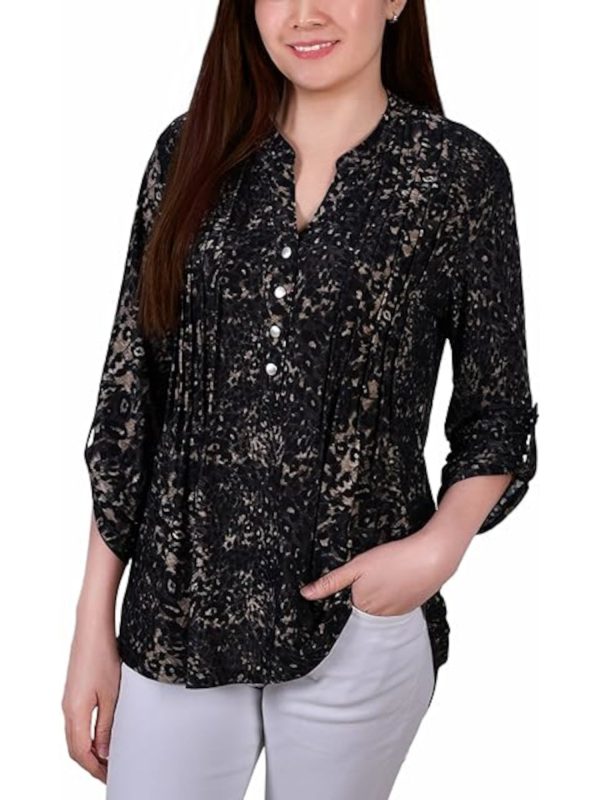 NY COLLECTION Womens Black Animal Print Roll-tab Sleeve Split Top on Sale