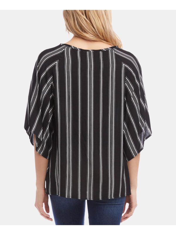 KAREN KANE Womens Black Striped Kimono Sleeve Jewel Neck Top Sale