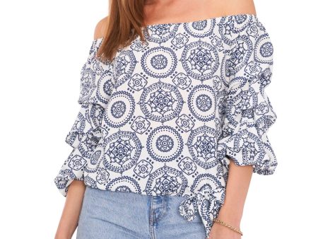 VINCE CAMUTO Womens White Ruffled Printed 3 4 Sleeve Off Shoulder Wear To Work Top on Sale