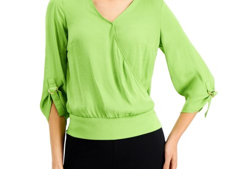 JM COLLECTION Womens Green Smocked Darted Hardware Detail Sheer Unlined Roll-tab Sleeve Surplice Neckline Wear To Work Top Online