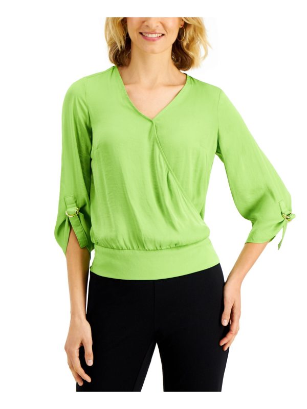 JM COLLECTION Womens Green Smocked Darted Hardware Detail Sheer Unlined Roll-tab Sleeve Surplice Neckline Wear To Work Top Online