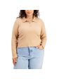 FULL CIRCLE TRENDS Womens Beige Ribbed Button Front Raw Hem Long Sleeve Collared Top For Discount