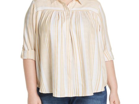 CUPIO BLUSH Womens Pleated Striped Roll-tab Sleeve Collared Button Up Top For Cheap