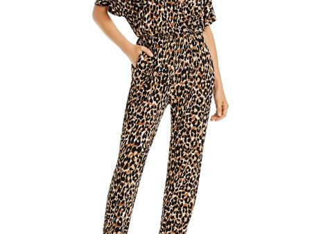 LEOTA Womens Stretch Animal Print Short Sleeve V Neck Evening Straight leg Jumpsuit Hot on Sale